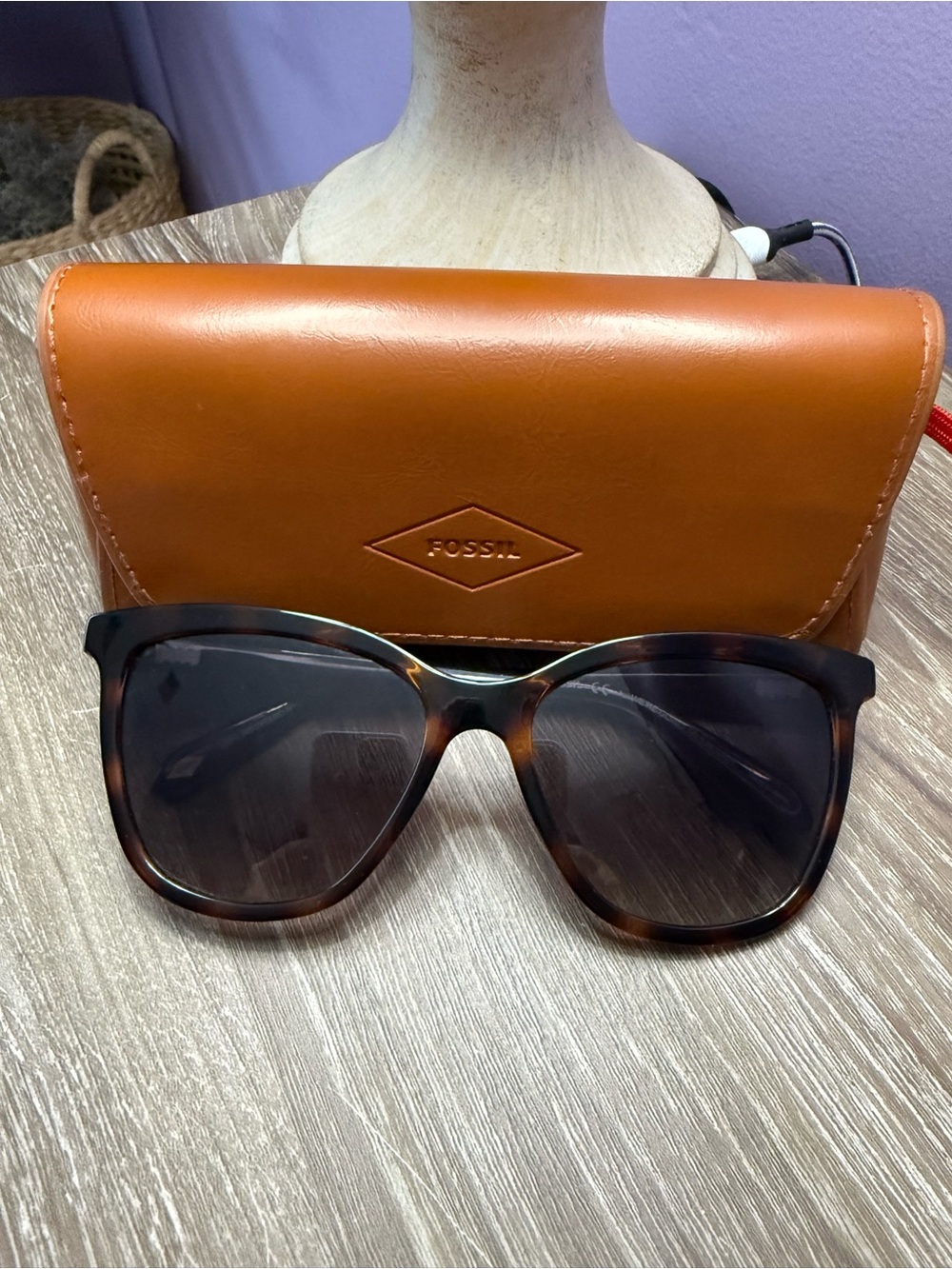 Fossil Tortoise Frame Sunglasses with Leather Case
